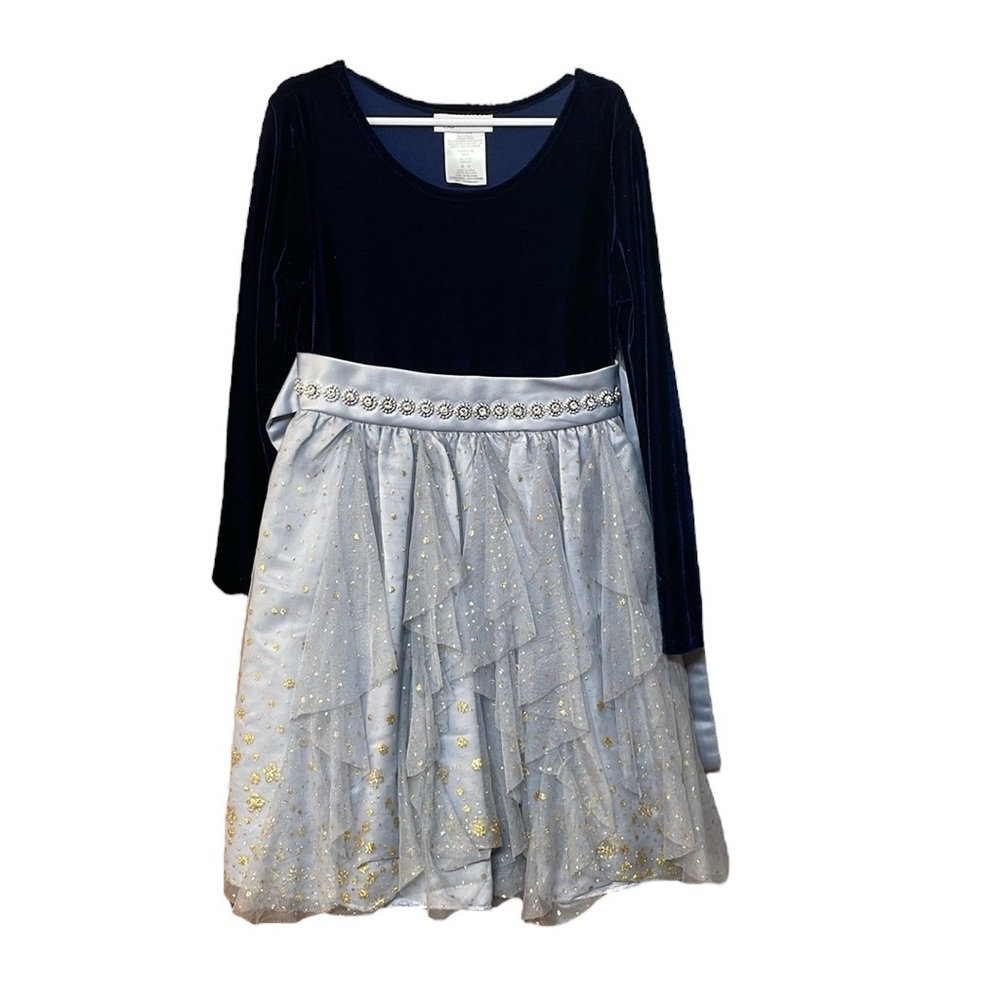BONNIE JEAN UEC Girls Size 8 Navy Blue Velvet Silver Gold Tulle Skirt Dress bow